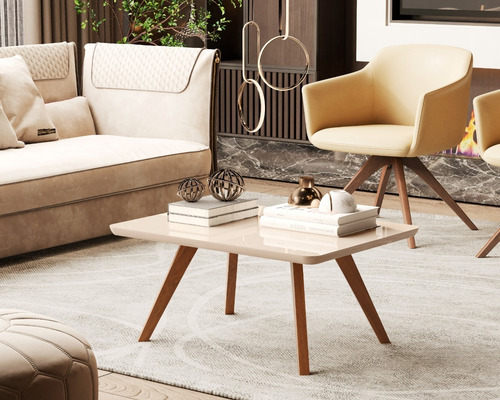 Mesa De Centro Quadrada Sala Mdf Pé Palito Decorativa Retrô Cor Off White