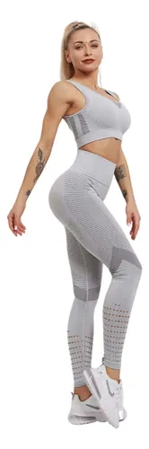 Conjunto Deportivo Lycra Tiro Alto + Crop Top Gris Ref 5070