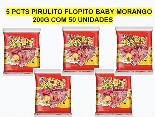 5 Pcts Pirulito Flopito Baby Coração Morango 200g C/50 Unis