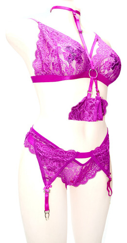 Coordinado 7 Pzs Bondage Fino Y Suave Encaje Co001 Fucsia Fucsia Tanga G, Bra (32-34-36-38-40-44)