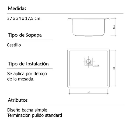 Imagen 5 de 5 de Pileta Bacha Cocina Quadra Q37 37x34x17,5 Aplicacion Abajo