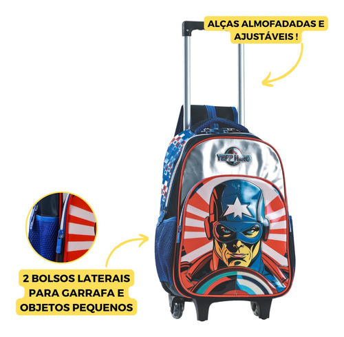 Kit Mochila Rodinha Lancheira Estojo Herói Estrela Meninos Cor Cinza