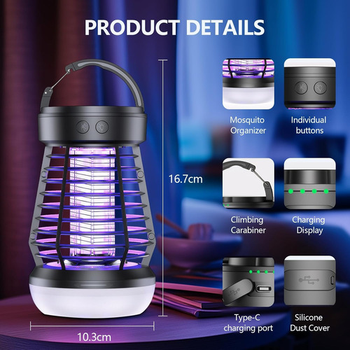 Lámpara Mata Mosquitos 3 En 1 Recargable 2000v Usb Negro