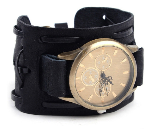 Relógio Bracelete Masculina Pulseira Larga Em Couro Polido