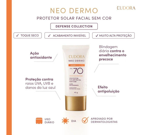 Prontetor Solar Sem Cor Eudora Neo Dermo Fps 70 40g
