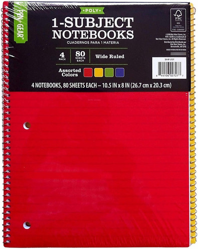 Pen + Gear Pack Of 4, Wide Ruled, 80 Sheets Each, 1 - Subjec