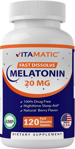 Melatonina Vitamatic 20mg De Disolución Rápida 120 Tabletas, Sabor Natural De Bayas, Vegetariano, Sin Omg, Sin Gluten, Ayudan A Dormir Más Rápido, Permanecer Dormido Más Tiempo, Libre De Medicamentos