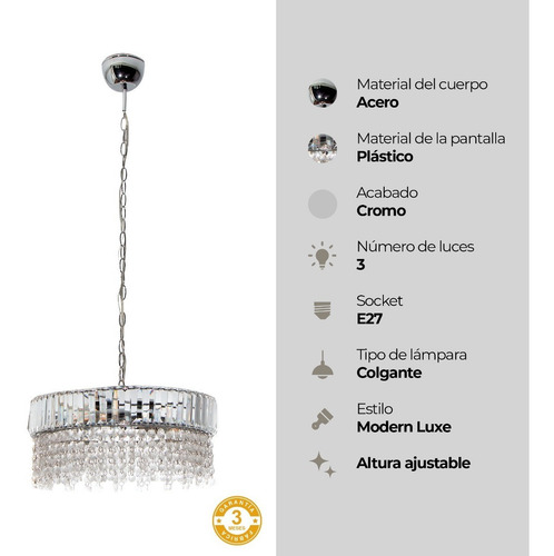 Imagen 6 de 8 de Lámpara Colgante Moderno Cromo 60w E27 3 Luces