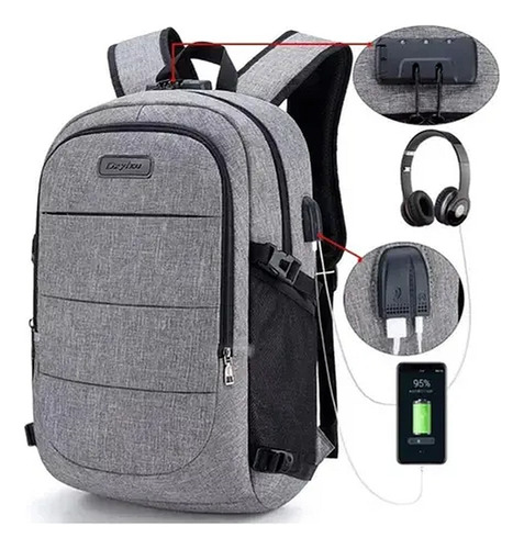 Mochila Antirrobo De Viaje Porta Notebook Con Candado Gris Gris Liso