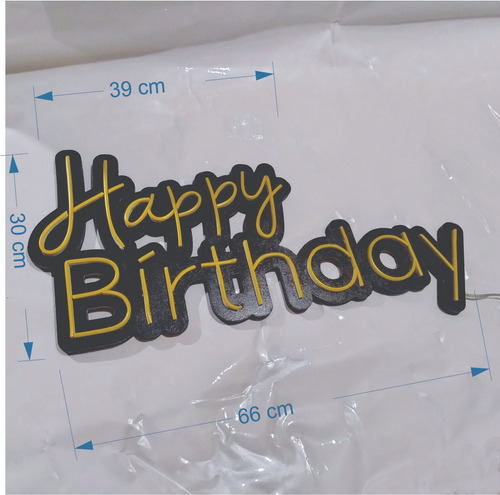 Cartel Neón Led, Happy Birthday Amarillo, 66cm, Con Fuente Amarillo