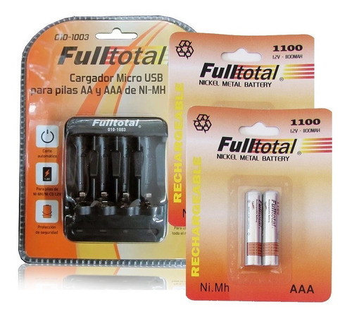 Combo 4 Pilas Rec. Aaa Fulltotal 1100mah + Cargador De Pilas