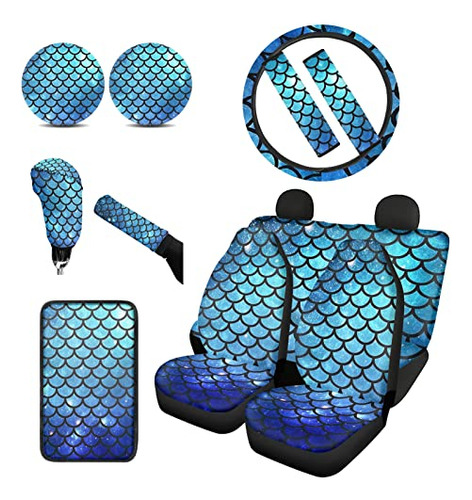 Bigcarjob Blue Mermaid Fish Scales Printed Car Seat Covers B