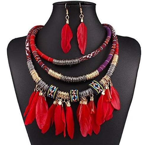 Xy Juego Joyas Con Dije Plumas Multiples Capas Y Aretes Trib