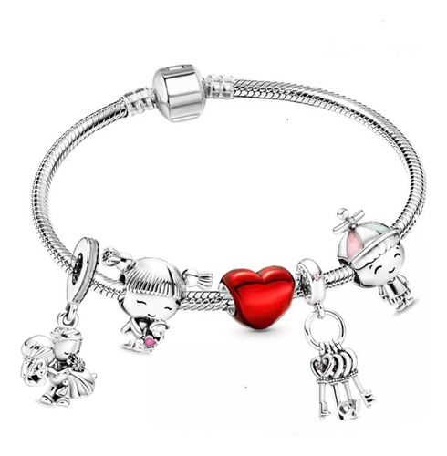 Pulsera Charm Dije Familia Niña Niño Llaves Corazón Rojo