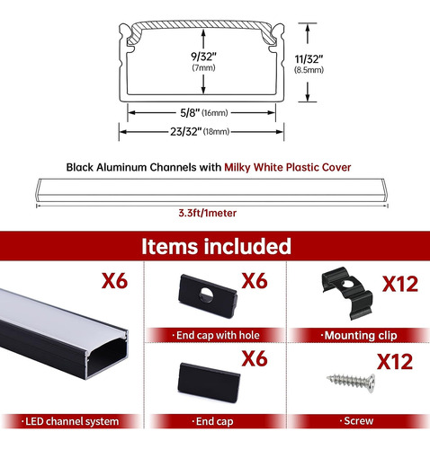6pack 3.3ft/1m Black Led Channel With Milky White Led Strip 