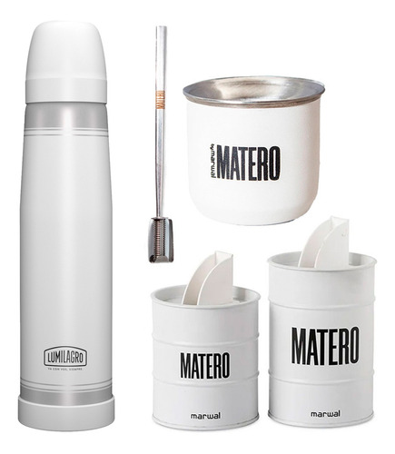 Set Matero Latas Yerbera Azucarera + Bombilla + Mate + Termo