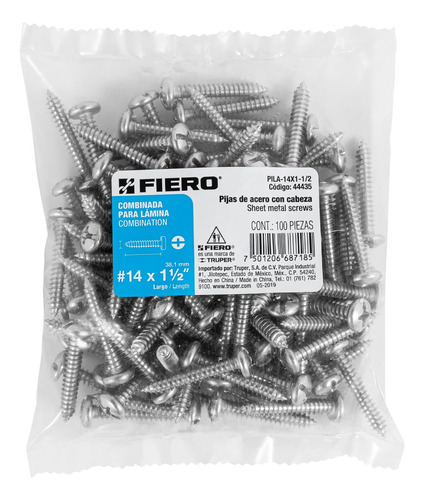 Bolsa Con 100 Pijas Para Lámina, #14 X 1-1/2´´, Fiero 44435