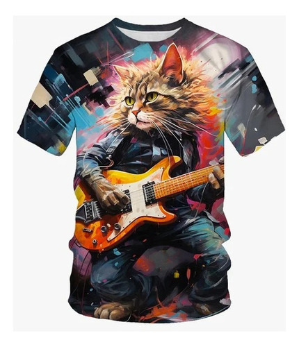 Camiseta Informal Con Estampado 3d De Un Gato Guitarrista