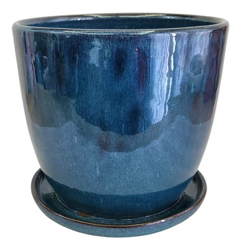 Vaso Com Prato Azul Oceano D22 A20 - Cerâmica