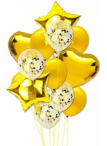 14 Globos Dorado Látex Confeti Corazón Y Estrella 