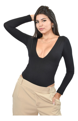 Body Manga Larga Escote Profundo Negro Lisa L