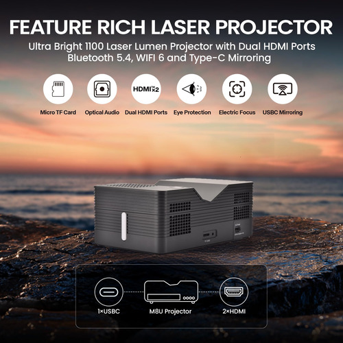 Proyector Láser 4k Tiro Ultra Corto 1100 Ld Wifi Y Bluetooth Negro