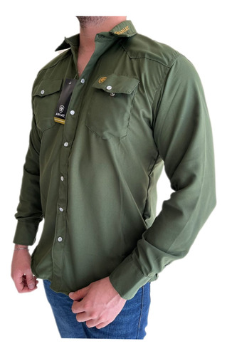 Camisa Hombre Ariat Bordada Lisa Premium Verde Militar