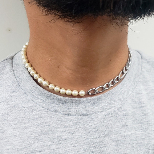 Collar Mitad Perlas Checas Y Acero Inox Figaro Hombre Mujer