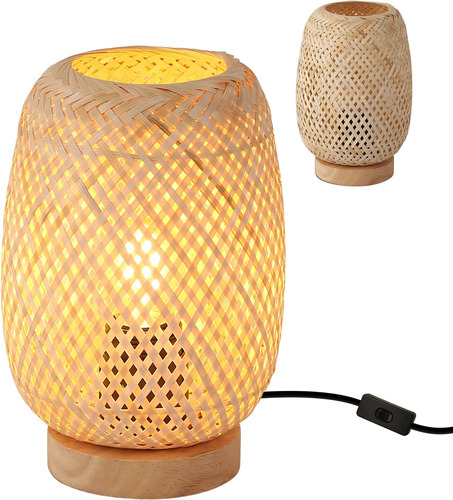 Zompoo Lámpara De Mesa De Ratán De Bambú Para Sala De Estar,