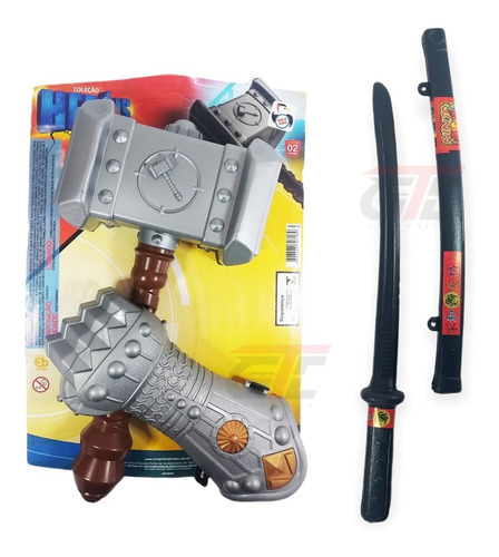 Kit 3 Brinquedo Martelo Thor Bracelete E Katana Espada Ninja