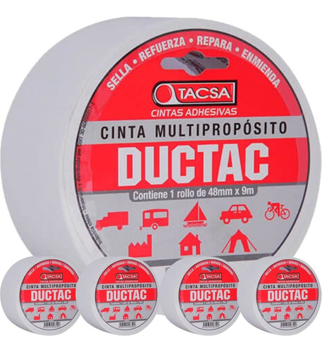 Pack 5 Cintas Adhesiva Multiproposito Blanca Ductac 9 Metros