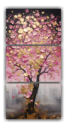 75x150cm Cuadro Árbol Rosa Y Dorado Para Dormitorio Flores