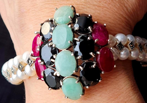 Pfh2-pulseira Prata 925 Rubi Esmeralda Ônix Pérola Natural