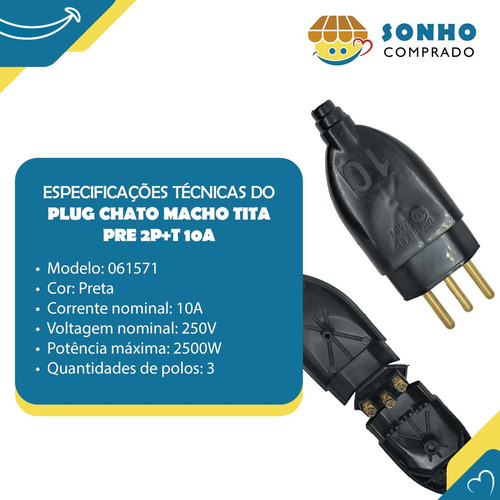 Kit 3x Plug Chato Macho Tita Prensa Cabo 10a 2p+t Interneed