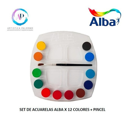 Acuarelas Alba X 12 + Pincel + Paleta Mezcladora