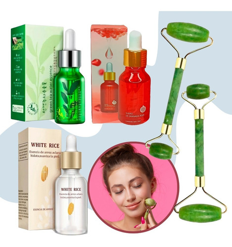 3 Serum Hidratante Arroz Granada Te Verde 2 Rodillos Facial