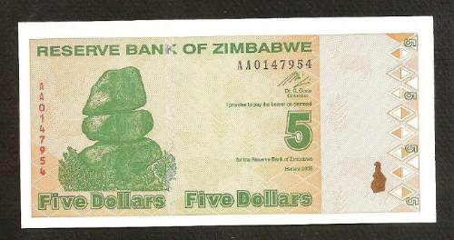 Billete De Zimbabwe 5 Dolares 2009  (c85)