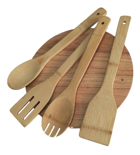 Set X4 Utensilios Cocina Madera Bambu Cuchara Espatula 30cm