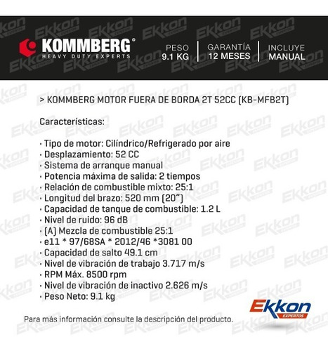 Imagen 2 de 10 de Motor Fuera De Borda Kommberg 2 Tiempos 52 Cc