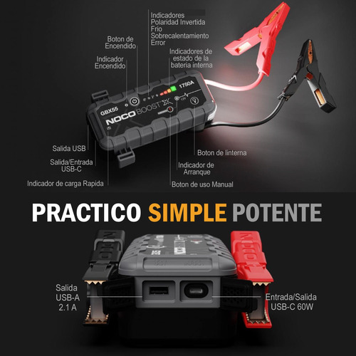 Imagen 3 de 10 de Arrancador Portatil Auto Power Bank Cargador Usb Noco 1750a