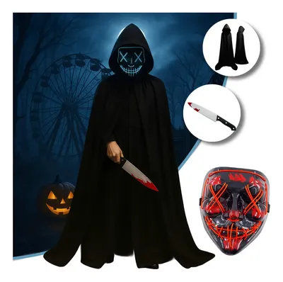 Kit Fantasia Completa Halloween Festa Fantasia Terror Cosplay Máscara Led Neon Capa Cetim Vampiro Drácula Faca Realista - The Purge Uma Noite De Crime