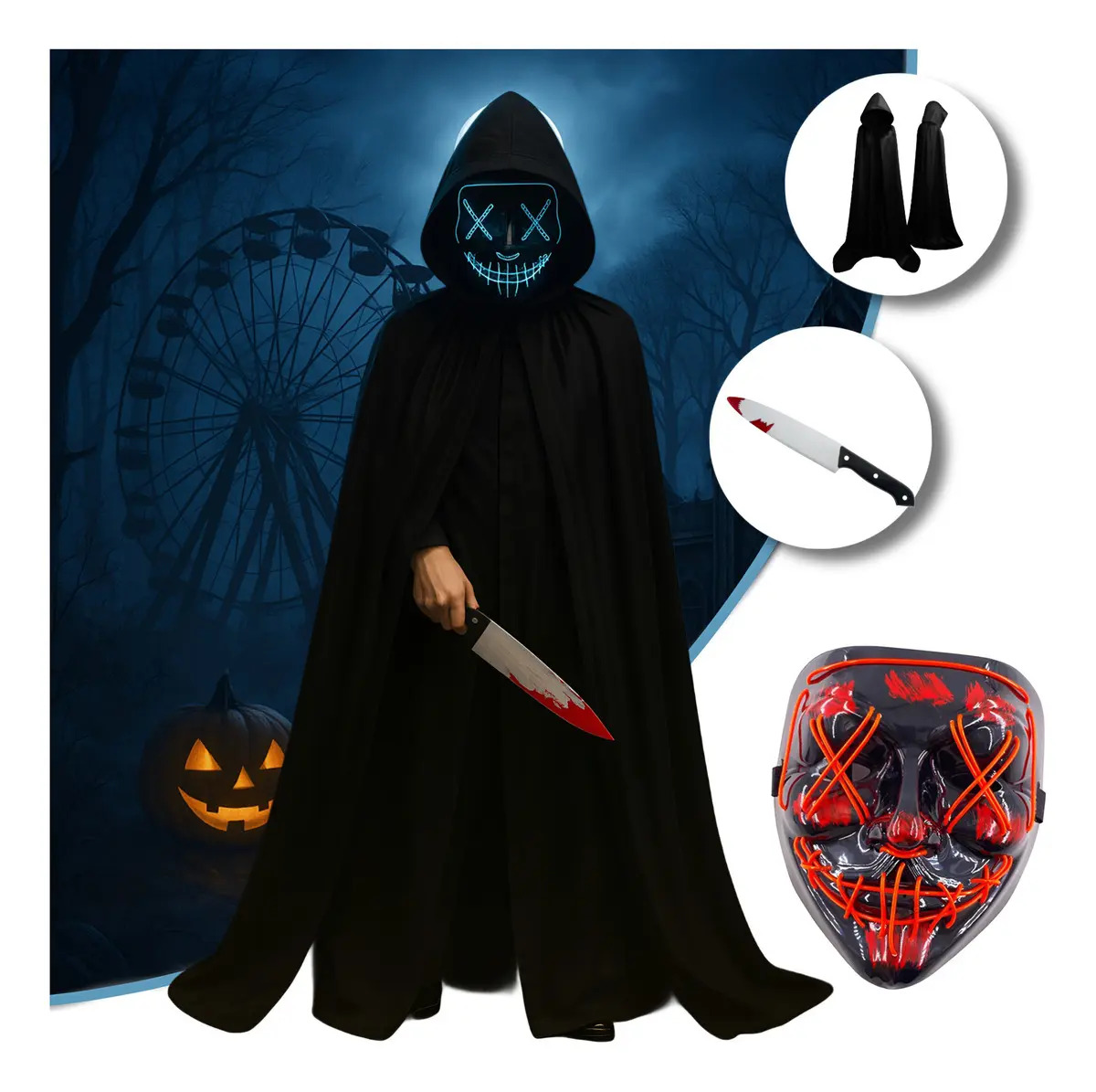 Kit Fantasia Completa Halloween Festa Fantasia Terror Cosplay Máscara Led Neon Capa Cetim Vampiro Drácula Faca Realista - The Purge Uma Noite de Crime