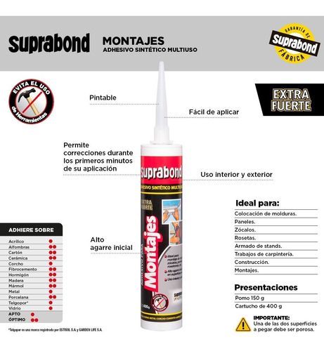 Imagen 2 de 5 de Adhesivo Suprabond Montajes En Cartucho De 400ml