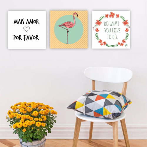 Plaquinha Quadro Kit 30x30cm Flamingo Mais Amor Por Favor 