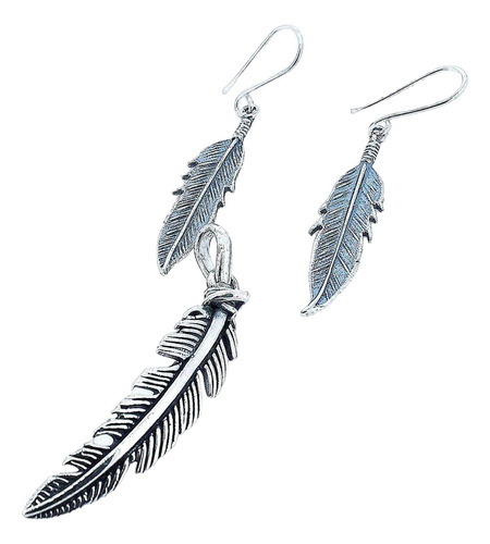 Juego De Plata 925 Aretes Y Dije En Forma De Pluma 6gr