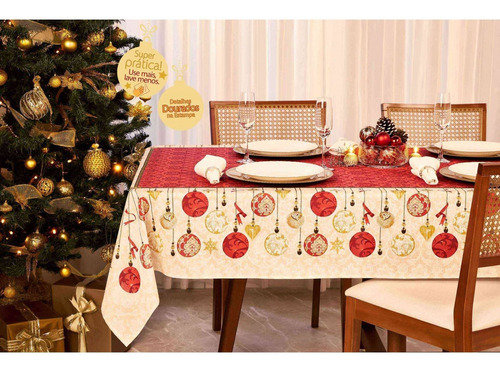 Toalha De Mesa 8 Lugares Bolas De Natal 1,55x2,50m Lepper Cor Vermelho