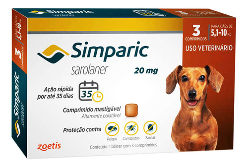 Antipulgas Para Cachorro Simparic De 5 A 10kg 3 Comprimidos