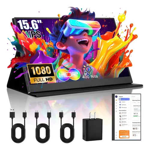 Monitor Portátil 15.6 Pantalla Ips 1080p Full Barato Hdr 400 Nits Ultrafino Monitor Gamer Con Hdmi/usb-c/conector Audio 3.5, Funda Y Altavoces Duales Para Computador/pc/phone/mac/xbox/switch Preto