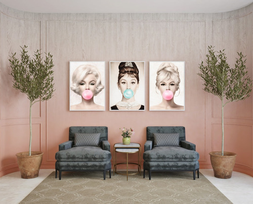 3 Quadros 50x70cm Moldura Divas Marilyn Audrey Salão Beleza