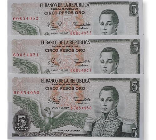 Colombia Trio Consecutivos 5 Pesos Oro 1980 Sin Circular